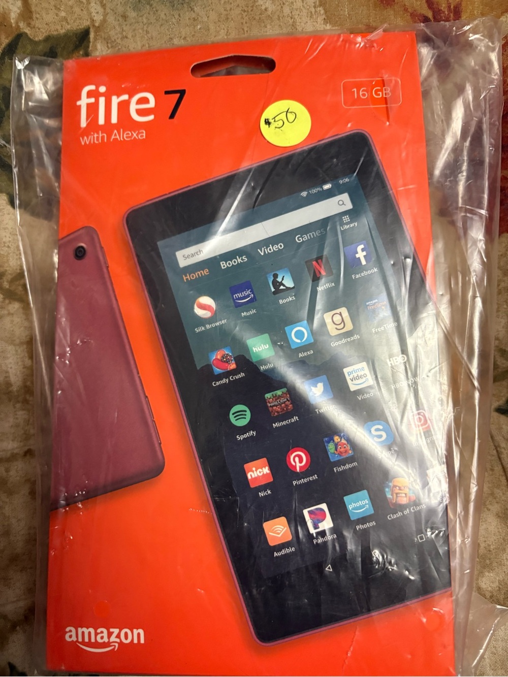 Amazon Fire 7 Tablet in Plum and Orange Packaging